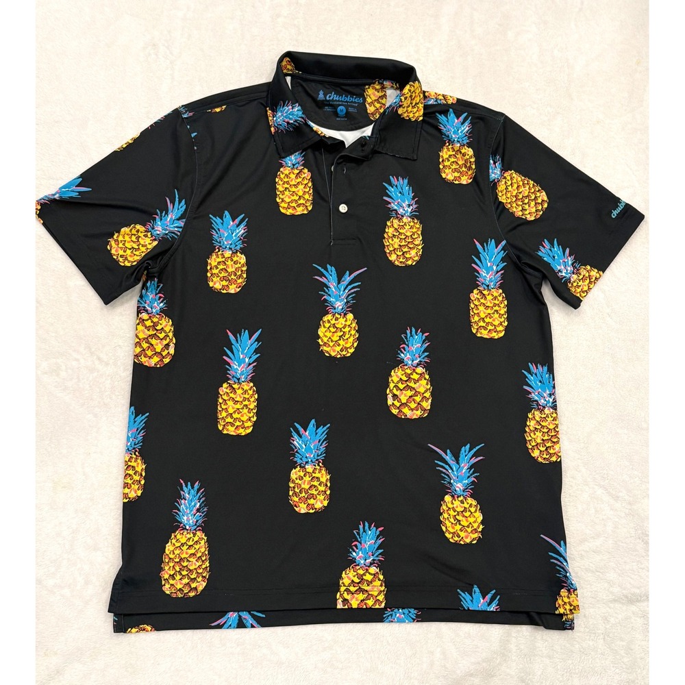 Chubbies Mens Pineapple Print Performance Polo Shirt Black Tropical Golf Size M